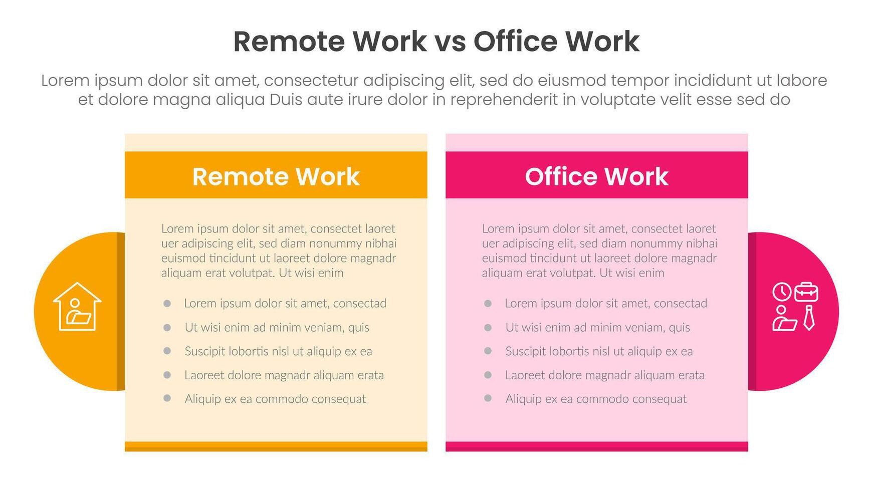 remote work vs office work comparison concept for infographic template banner with table box and circle accessories with two point list information vector