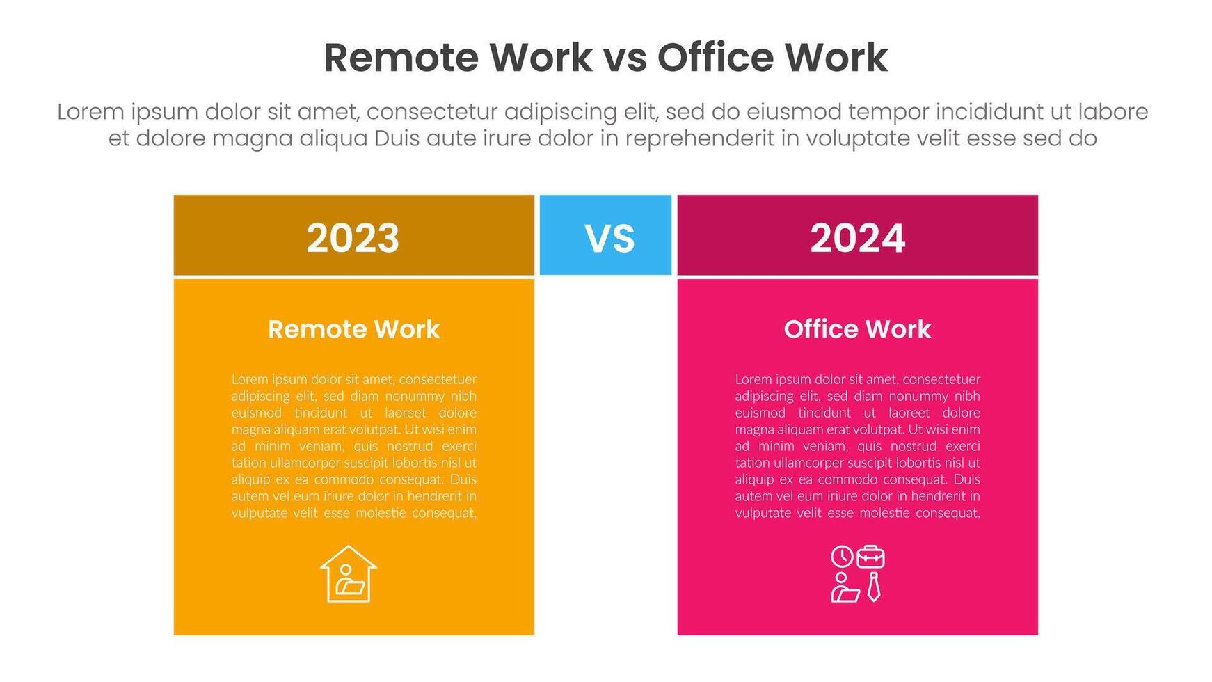 remote work vs office work comparison concept for infographic template banner with box table with fullcolor background block with two point list information vector