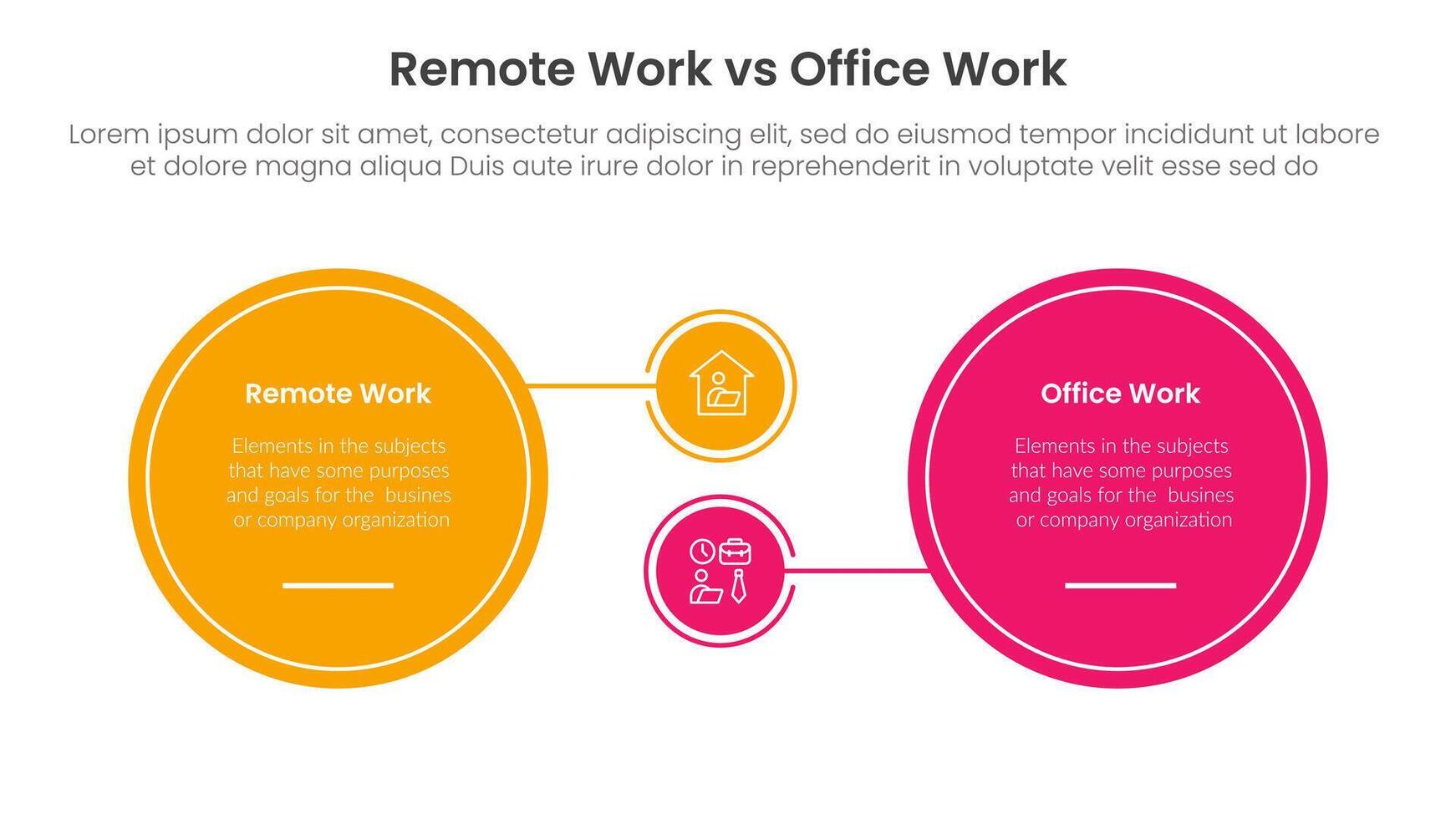 remote work vs office work comparison concept for infographic template banner with big circle and small linked with two point list information vector