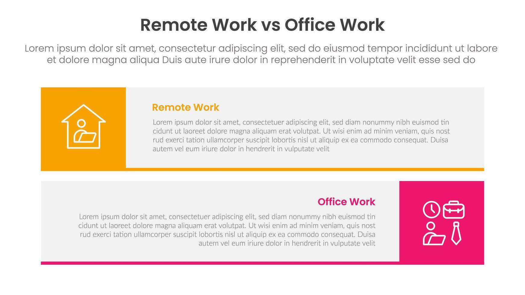remote work vs office work comparison concept for infographic template banner with long rectangle box horizontal stack with two point list information vector