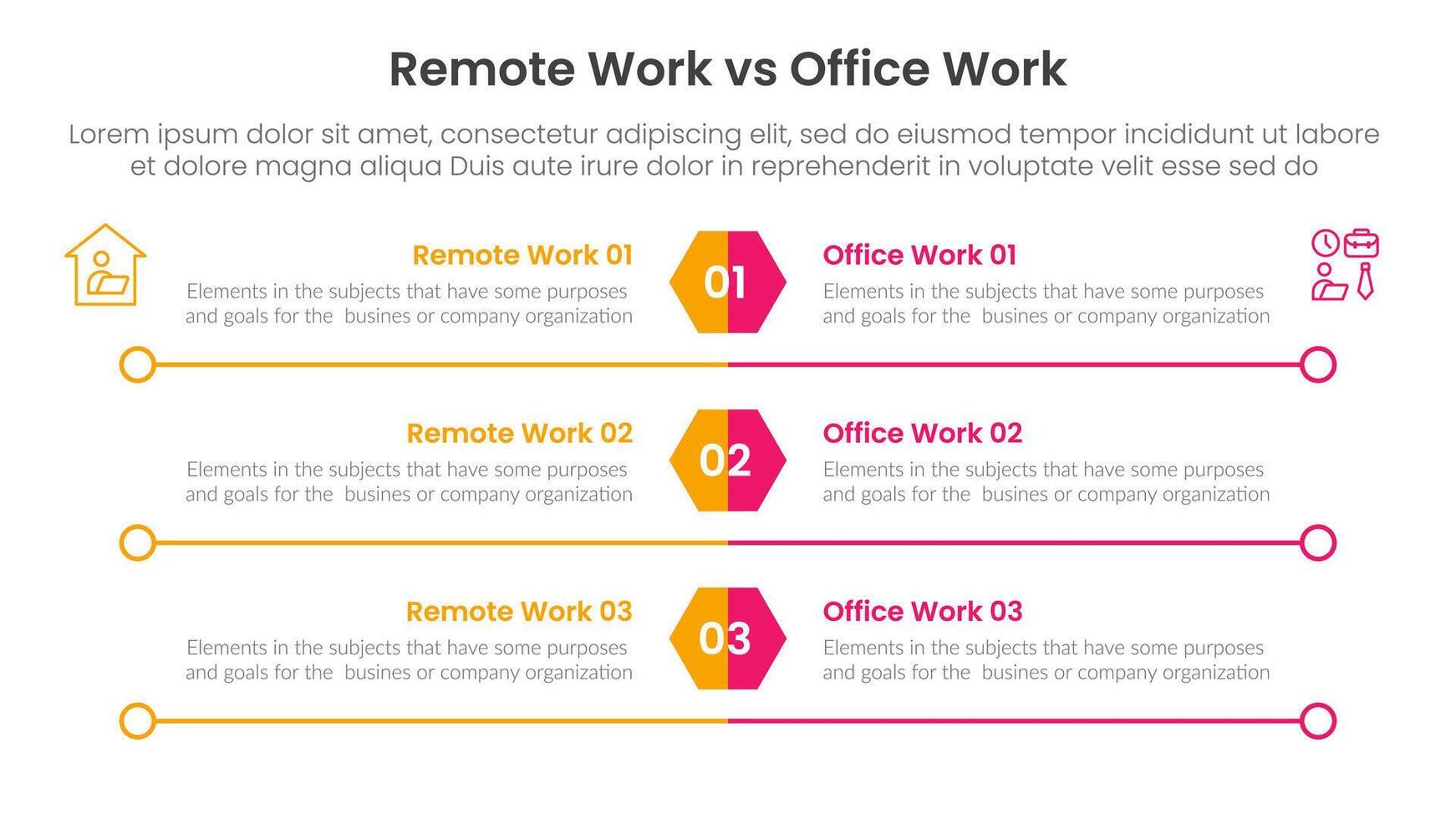 remote work vs office work comparison concept for infographic template banner with hexagon and circle long outline with two point list information vector
