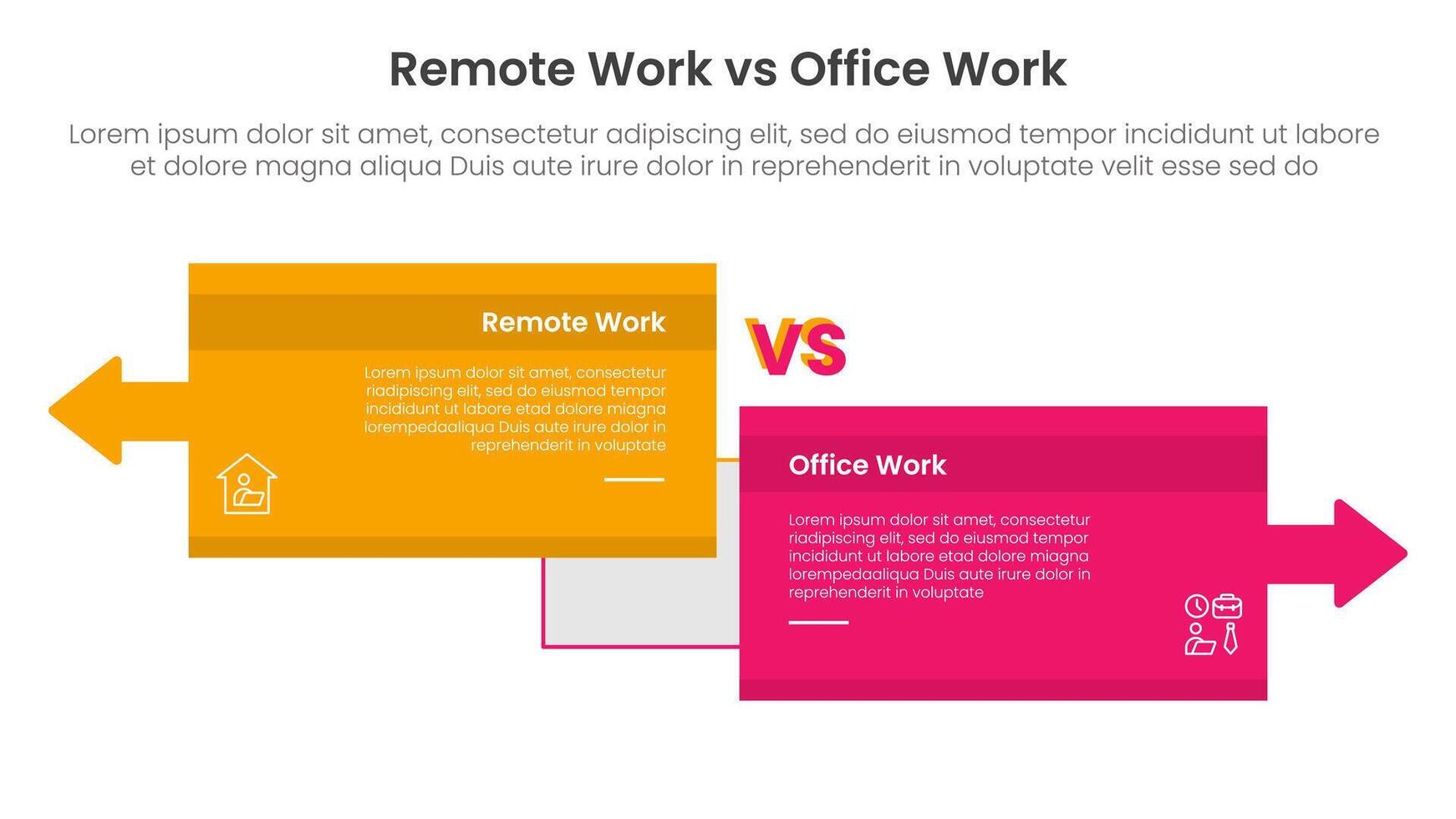 remote work vs office work comparison concept for infographic template banner with big box opposite arrows direction with two point list information vector