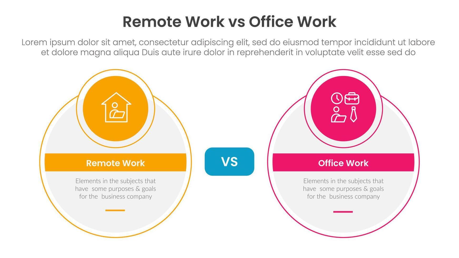 remote work vs office work comparison concept for infographic template banner with big circle and small circle badge with two point list information vector
