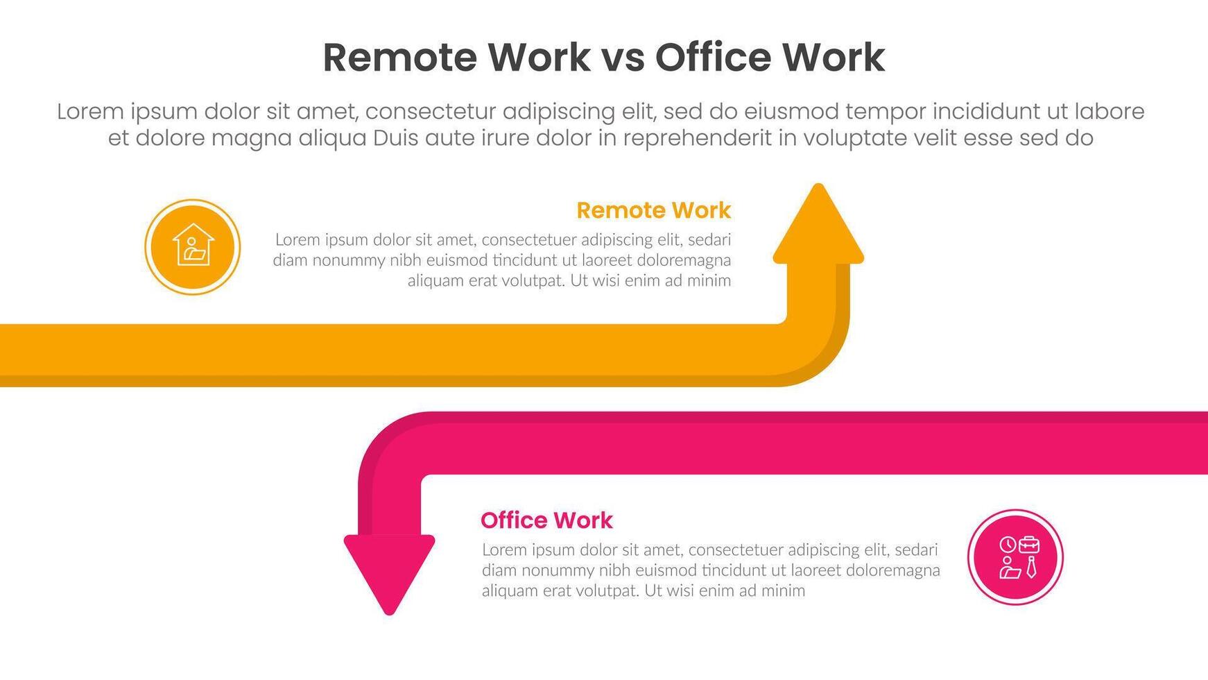 remote work vs office work comparison concept for infographic template banner with big line arrow opposite with two point list information vector