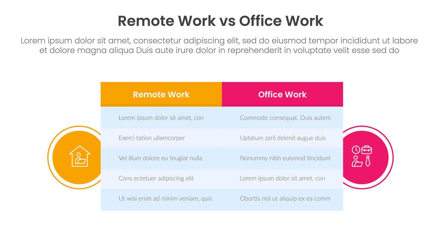remote work vs office work comparison concept for infographic template banner with big table box and circle shape badge with two point list information vector