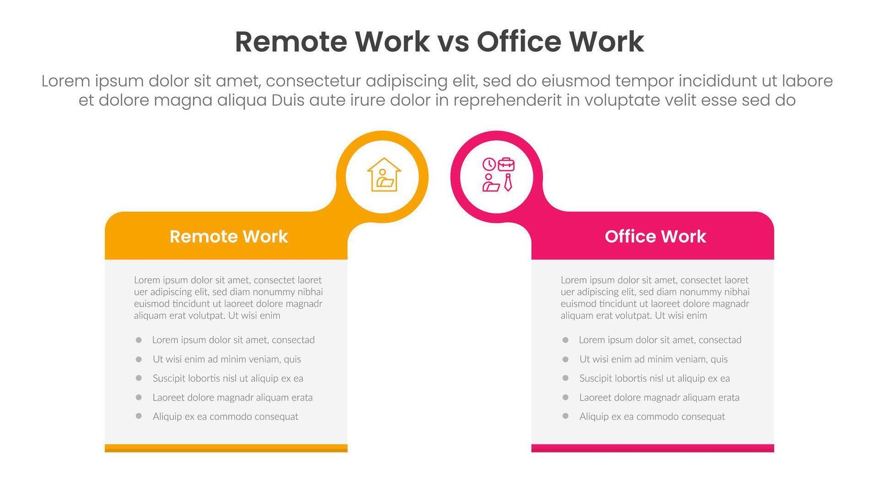 remote work vs office work comparison concept for infographic template banner with big box table with bubble circle header badge with two point list information vector