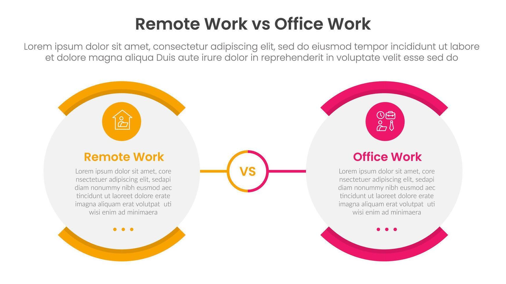 remote work vs office work comparison concept for infographic template banner with round egg shape opposite with two point list information vector
