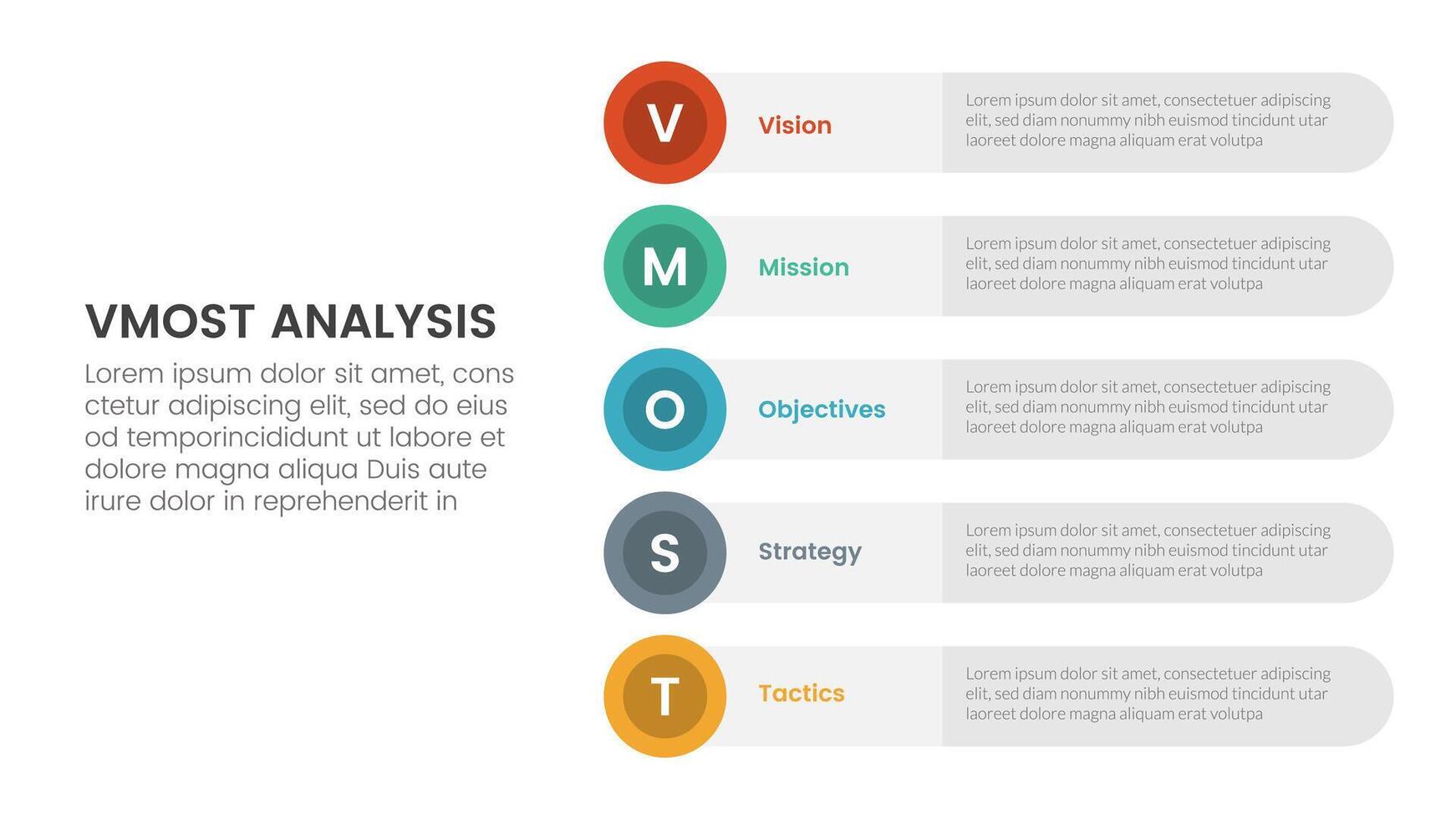 vmost analysis model framework infographic 5 point stage template with round circle rectangle stack vertical concept for slide presentation vector