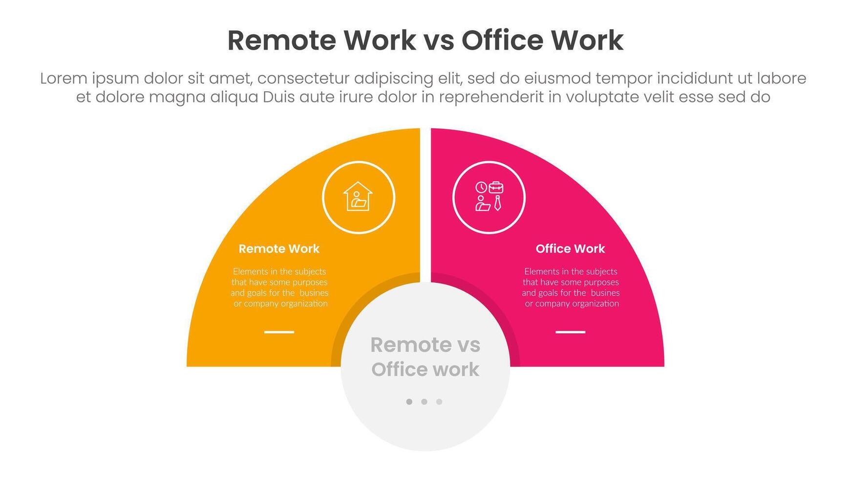 remote work vs office work comparison concept for infographic template banner with half circle slice balance opposite with two point list information vector
