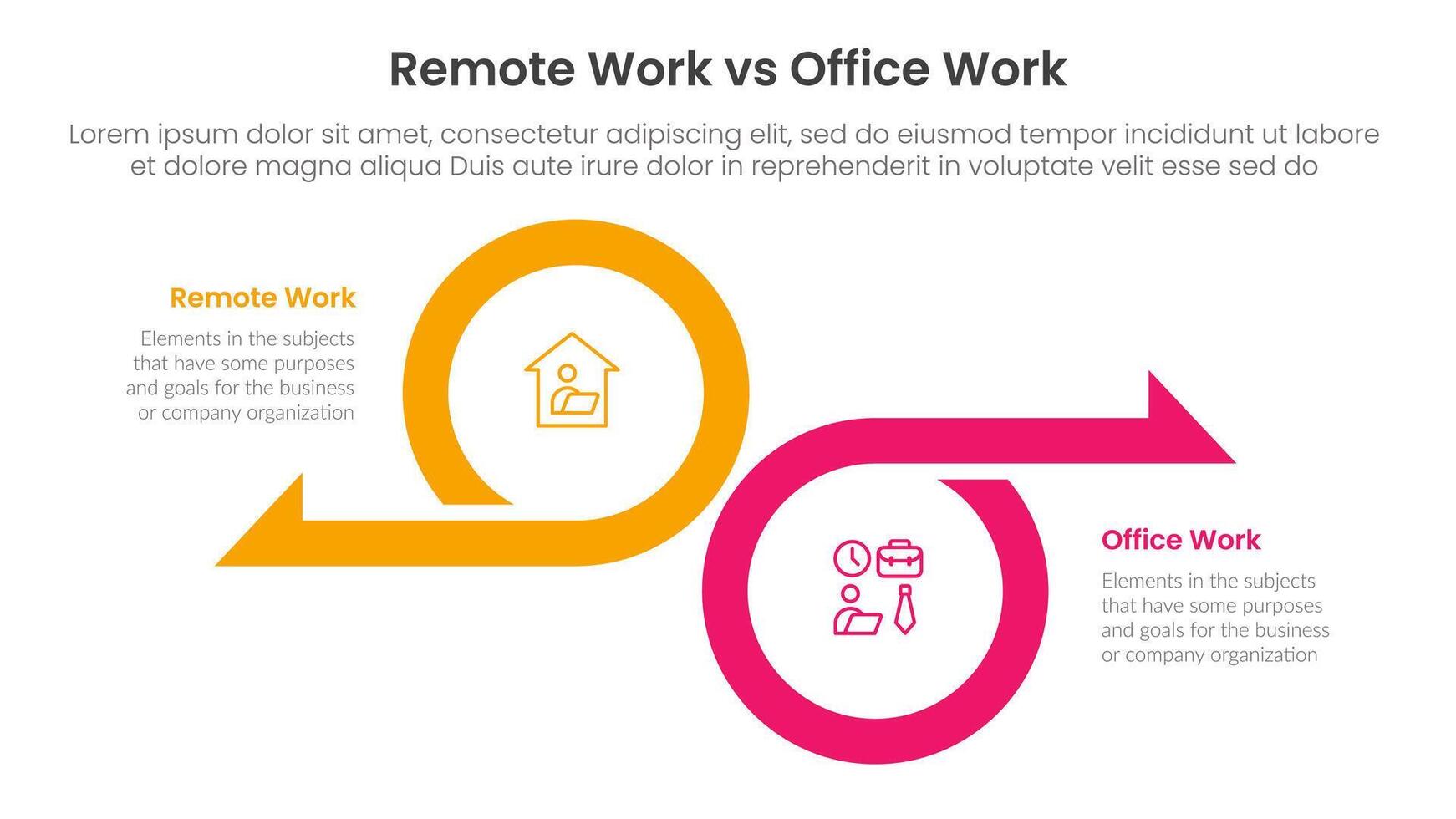 remote work vs office work comparison concept for infographic template banner with big circle and arrow opposite direction with two point list information vector