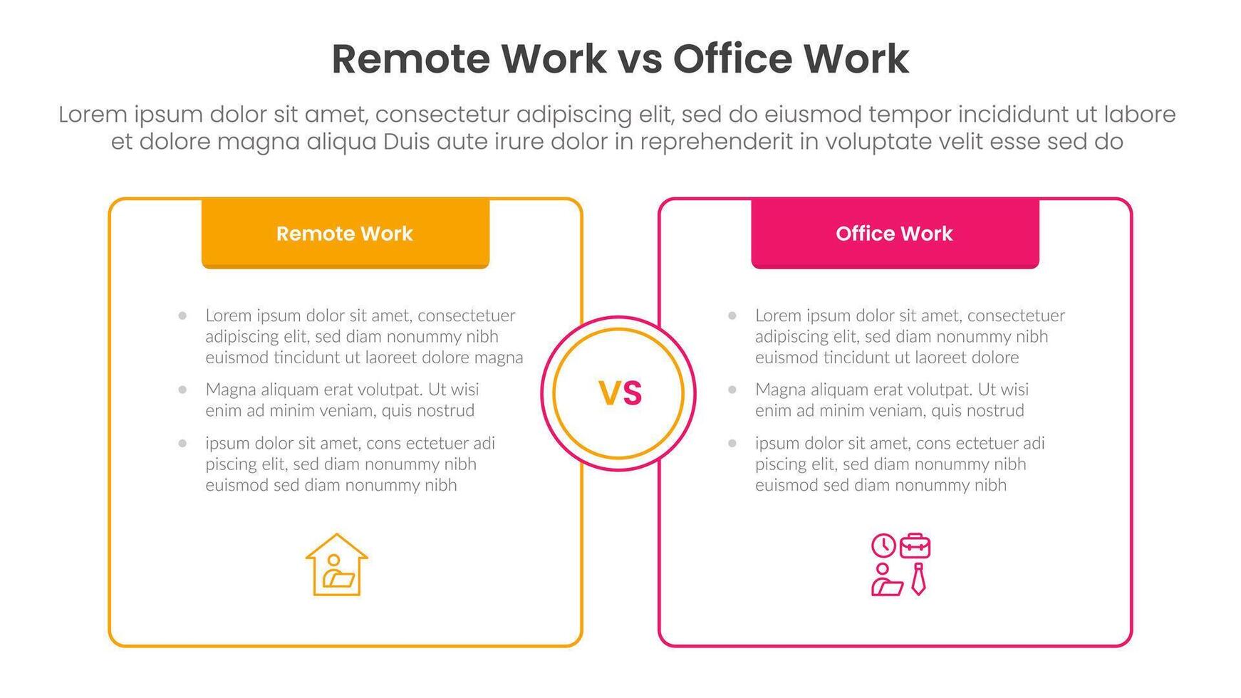 remote work vs office work comparison concept for infographic template banner with box opposite outline with header with two point list information vector