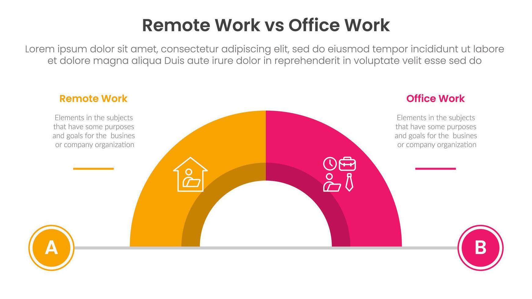 remote work vs office work comparison concept for infographic template banner with half circle divided with two point list information vector