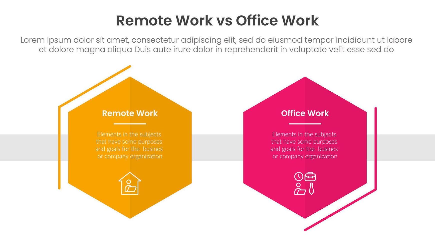 remote work vs office work comparison concept for infographic template banner with hexagon shape decoration outline with two point list information vector
