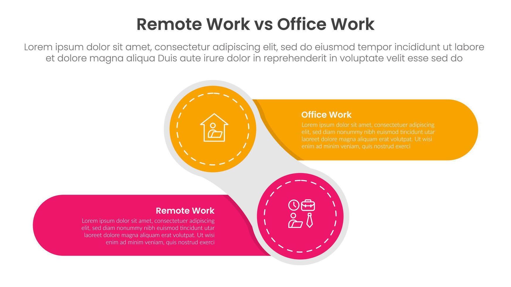 remote work vs office work comparison concept for infographic template banner with creative circle and round rectangle shape left and right with two point list information vector