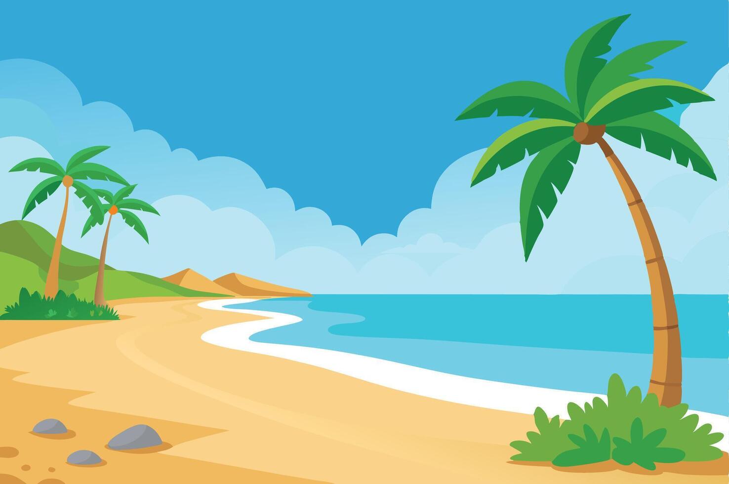 tropical beach with palm trees and rocks vector