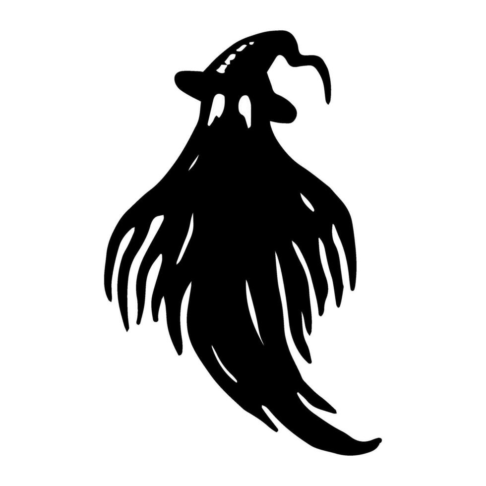 Scary ghost in hat. Halloween graphic illustration. Hand drawn isolated line silhouette. Monochrome creepy monster clipart for invitation, scary holiday. Night magic creature. Simple doodle style vector