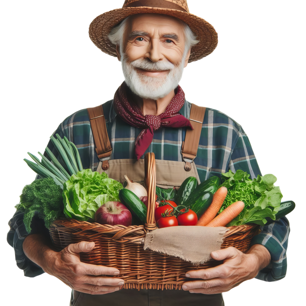 Smiling Farmer Holding Fresh Vegetables in a Basket on Farm transparent background png