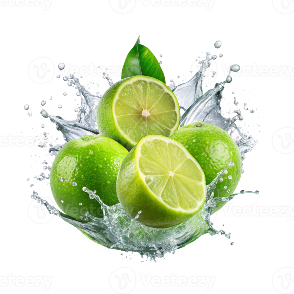 Lime transparent background limes with splash isolated on alpha layer png