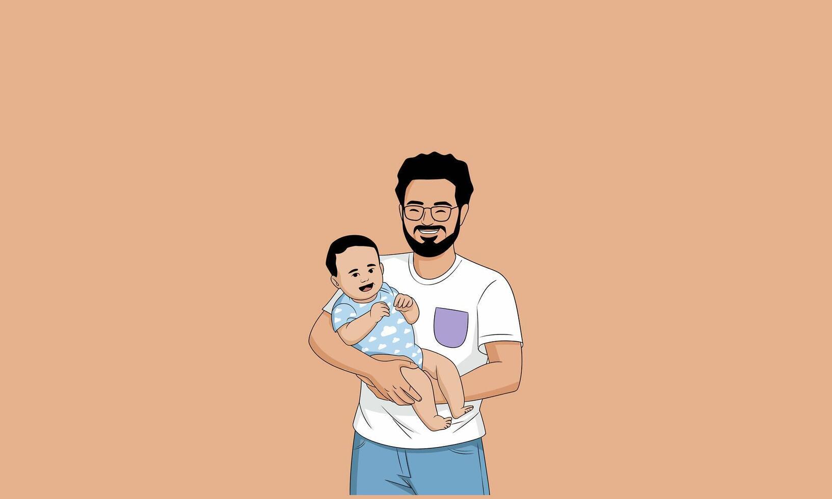 Father holding baby, both smiling, with groceries on table. vector