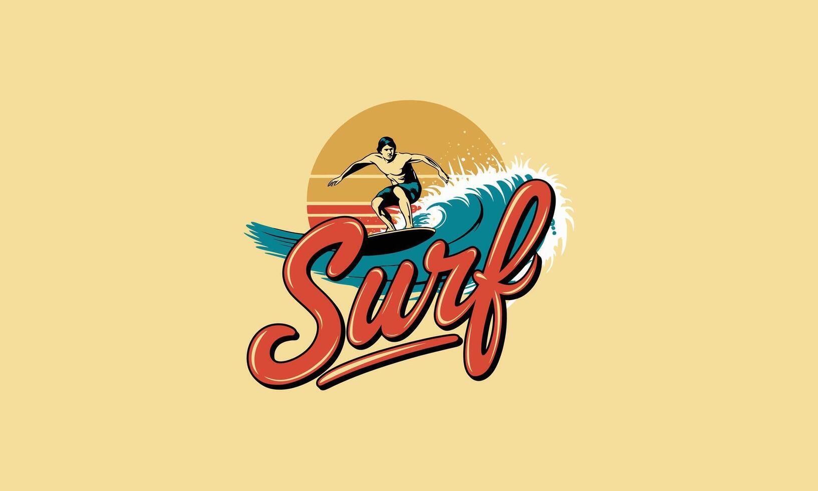 Surfer riding a wave with sunset and retro typography. vector