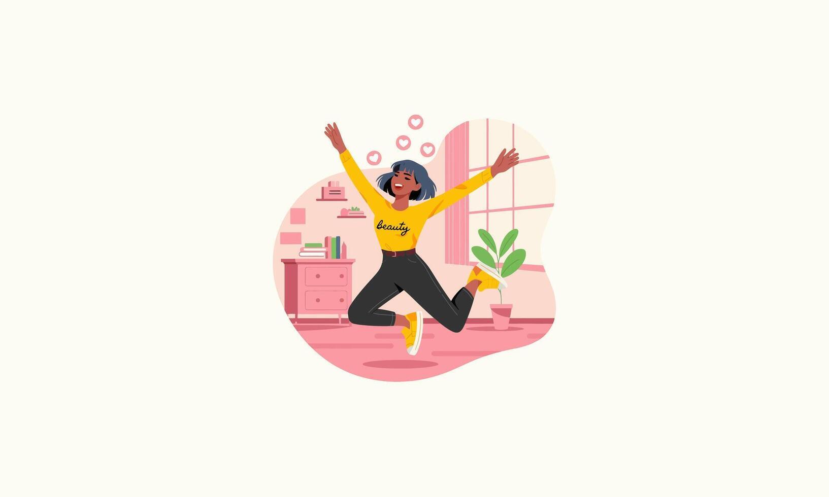 A joyful woman jumping happily in a room with heart symbols. vector