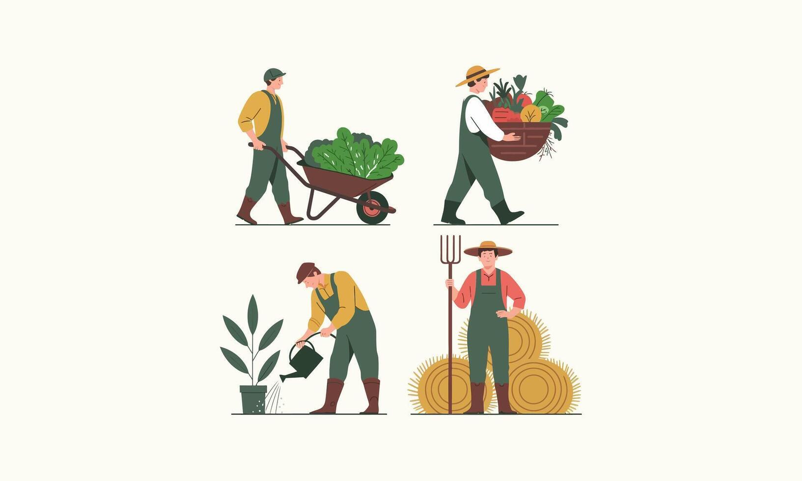 Farmers working, harvesting, watering, carrying vegetables, and tending crops outdoors. vector