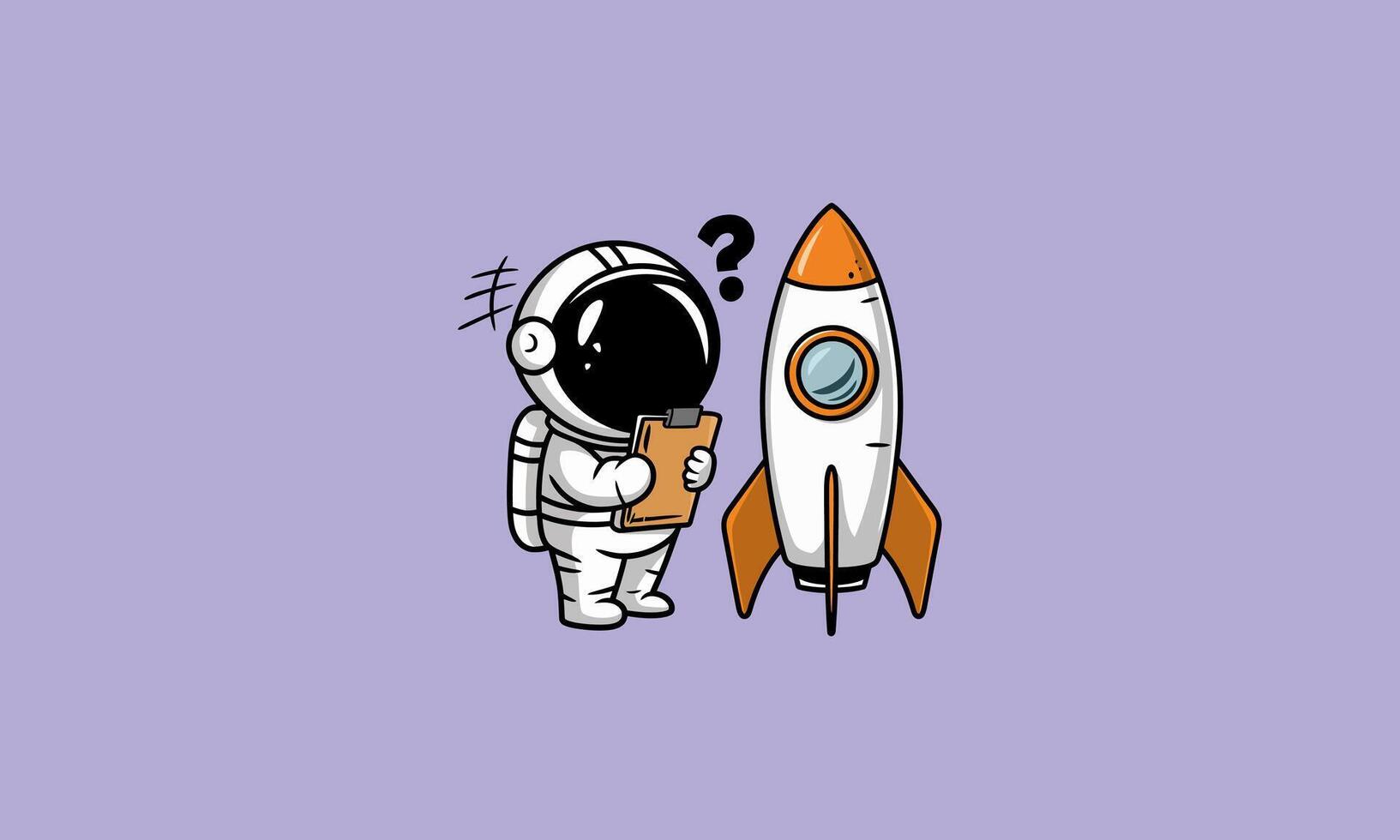 Astronaut holding a clipboard beside a small orange rocket. vector