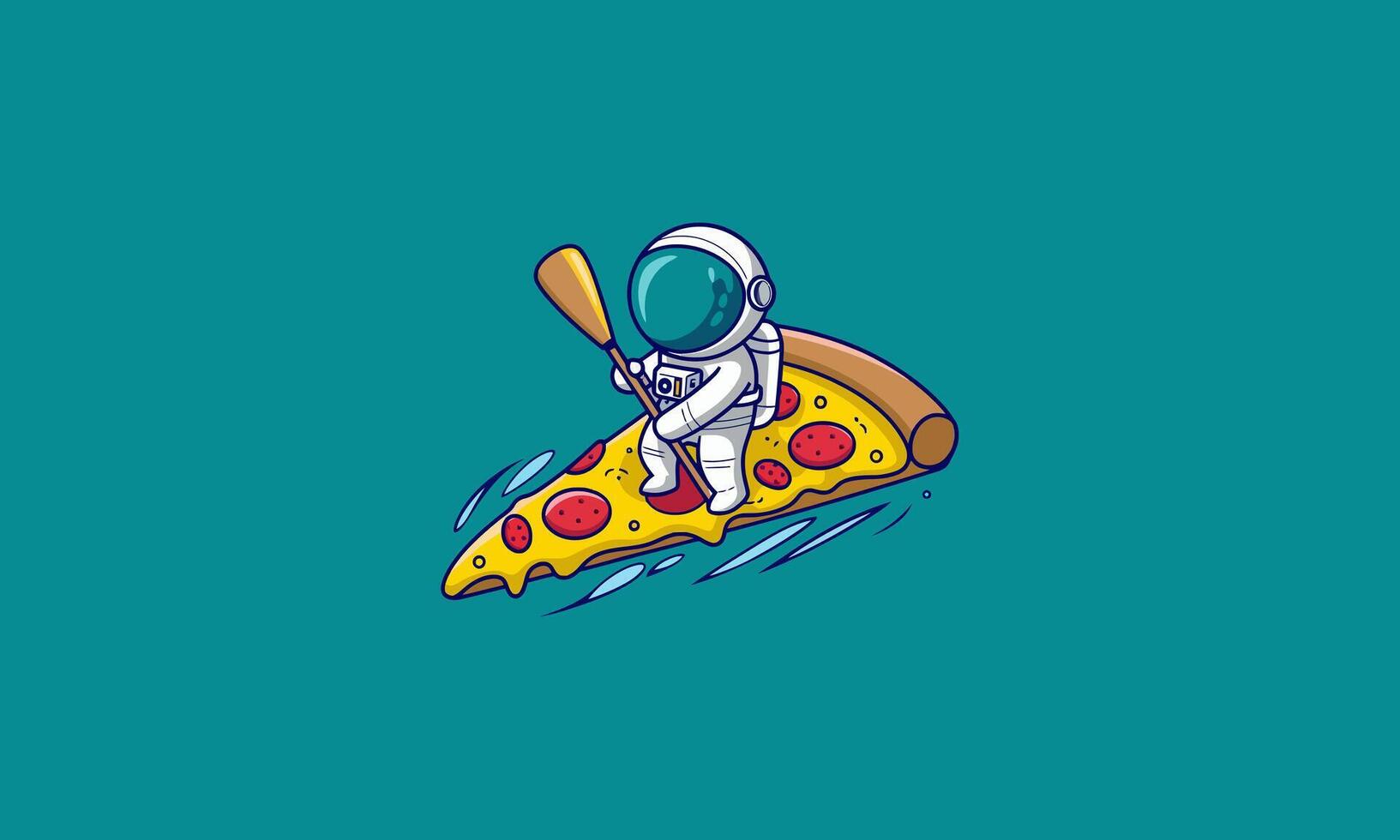 Astronaut paddling on a slice of pizza in space. vector