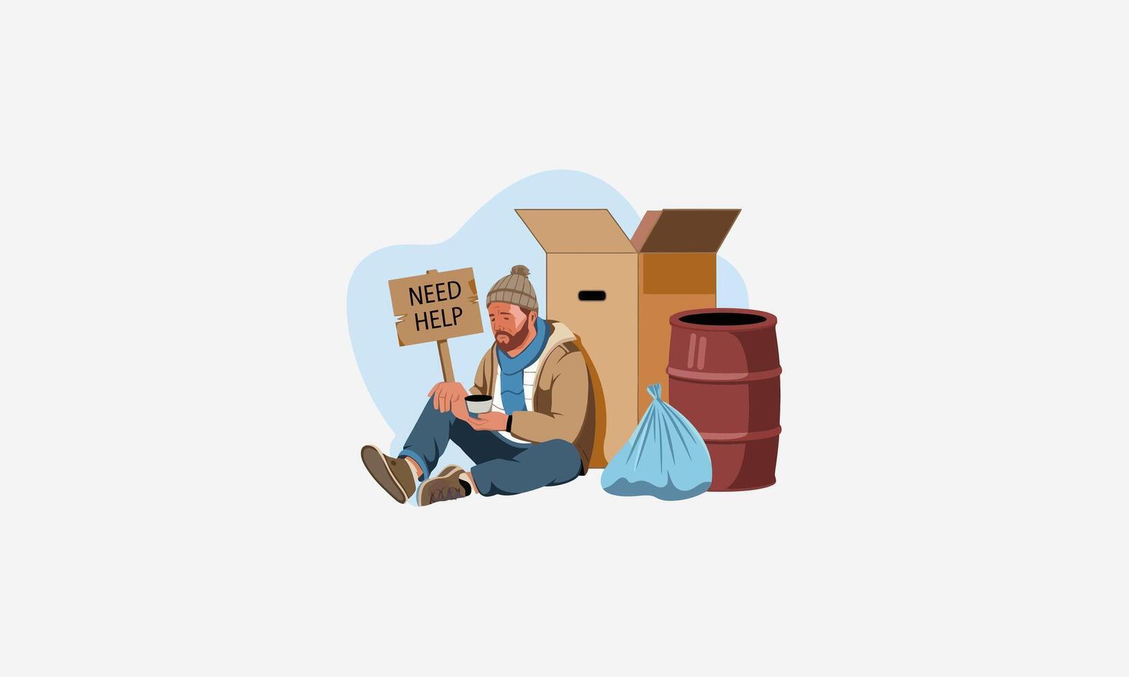 A homeless man holding a Need Help sign, sitting down vector