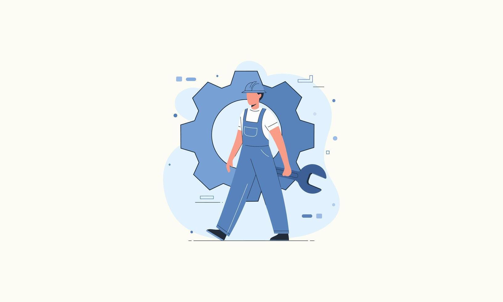 A mechanic walking with a wrench in front of a gear. vector