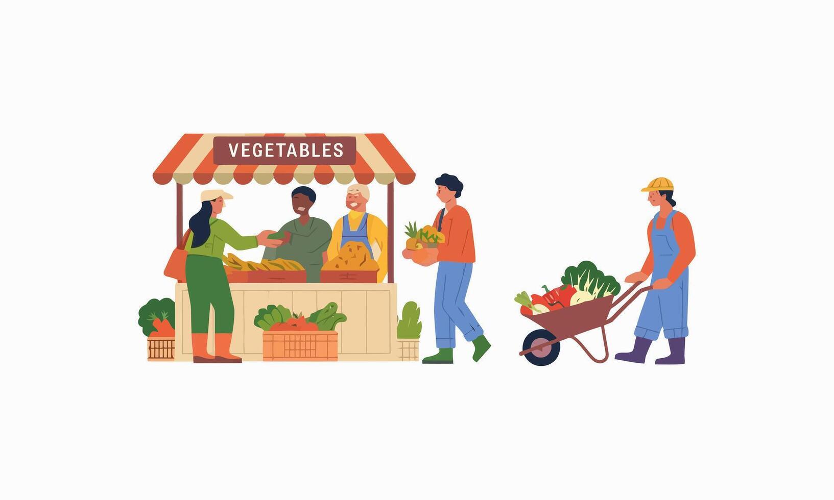 Farmers selling fresh vegetables to customers at an outdoor market. vector