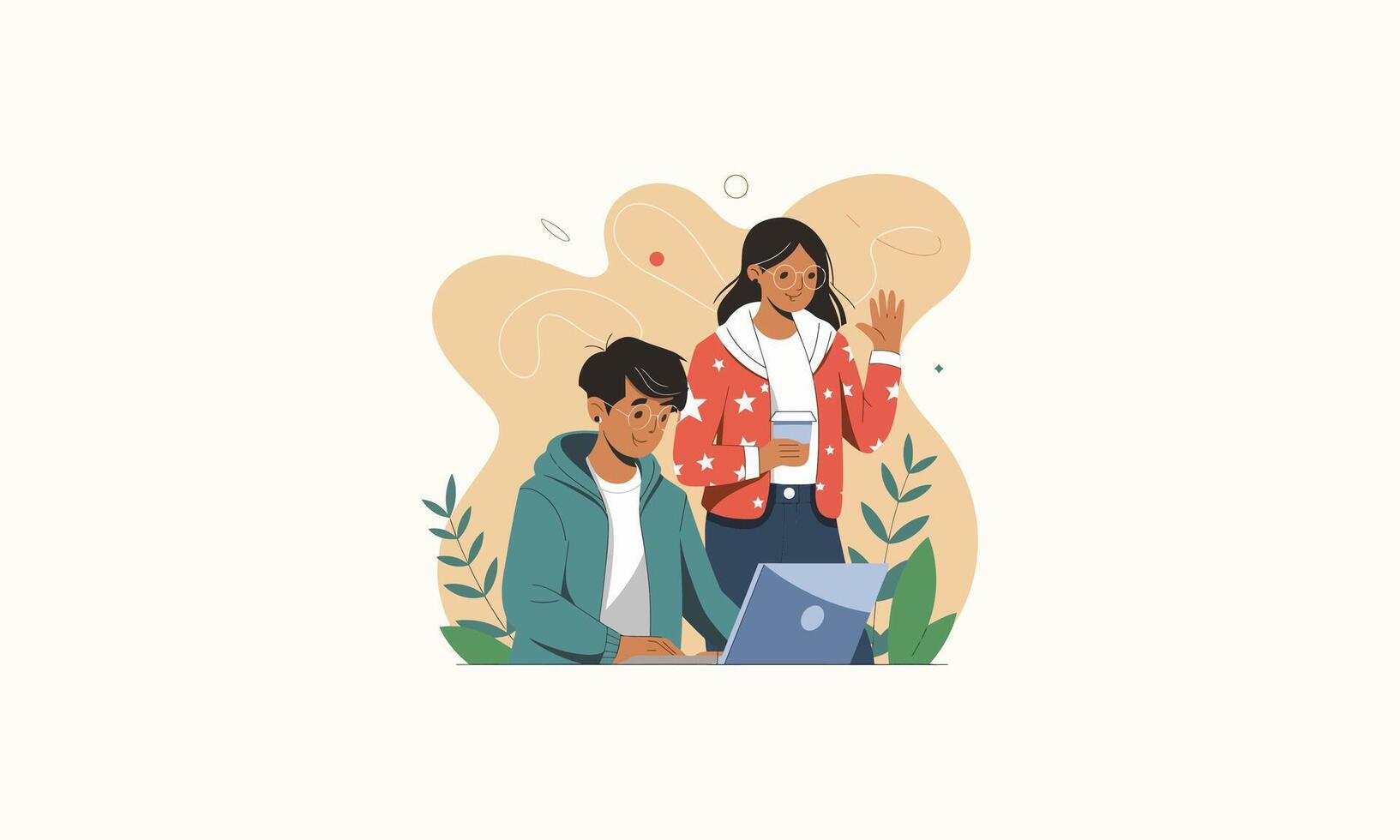 Two friends working together on a laptop, one holding coffee. vector