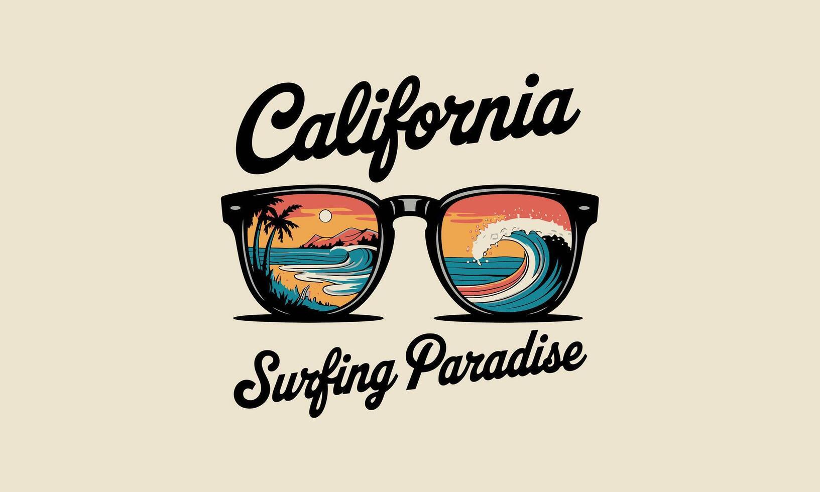 Sunglasses reflecting beach, waves, palm trees, with California surfing theme. vector