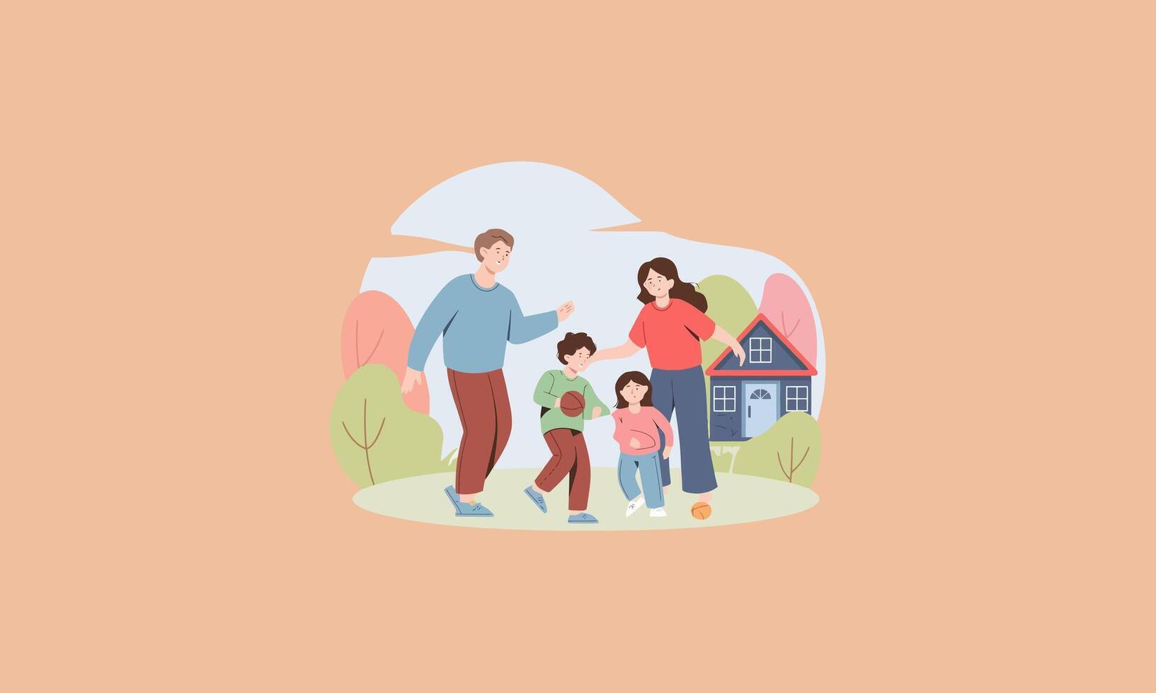 A happy family playing with a ball outdoors near their house. vector