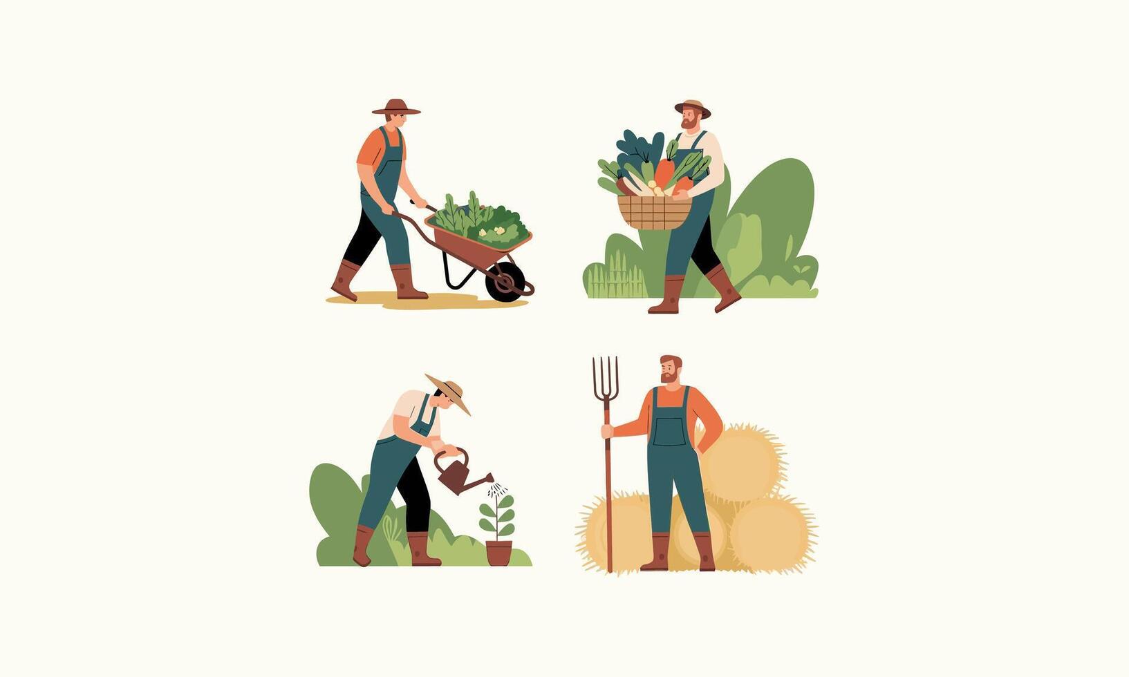 Farmers working, harvesting, watering, carrying vegetables, and tending crops outdoors. vector