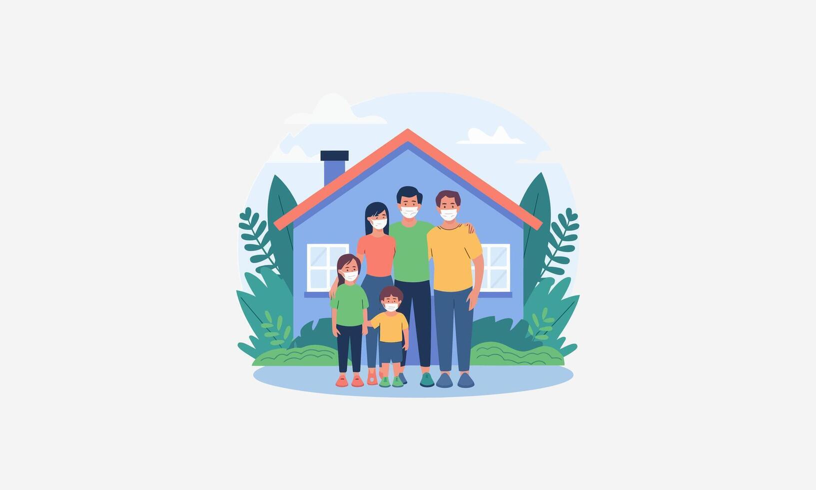 A family standing outside their house, wearing masks for safety. vector