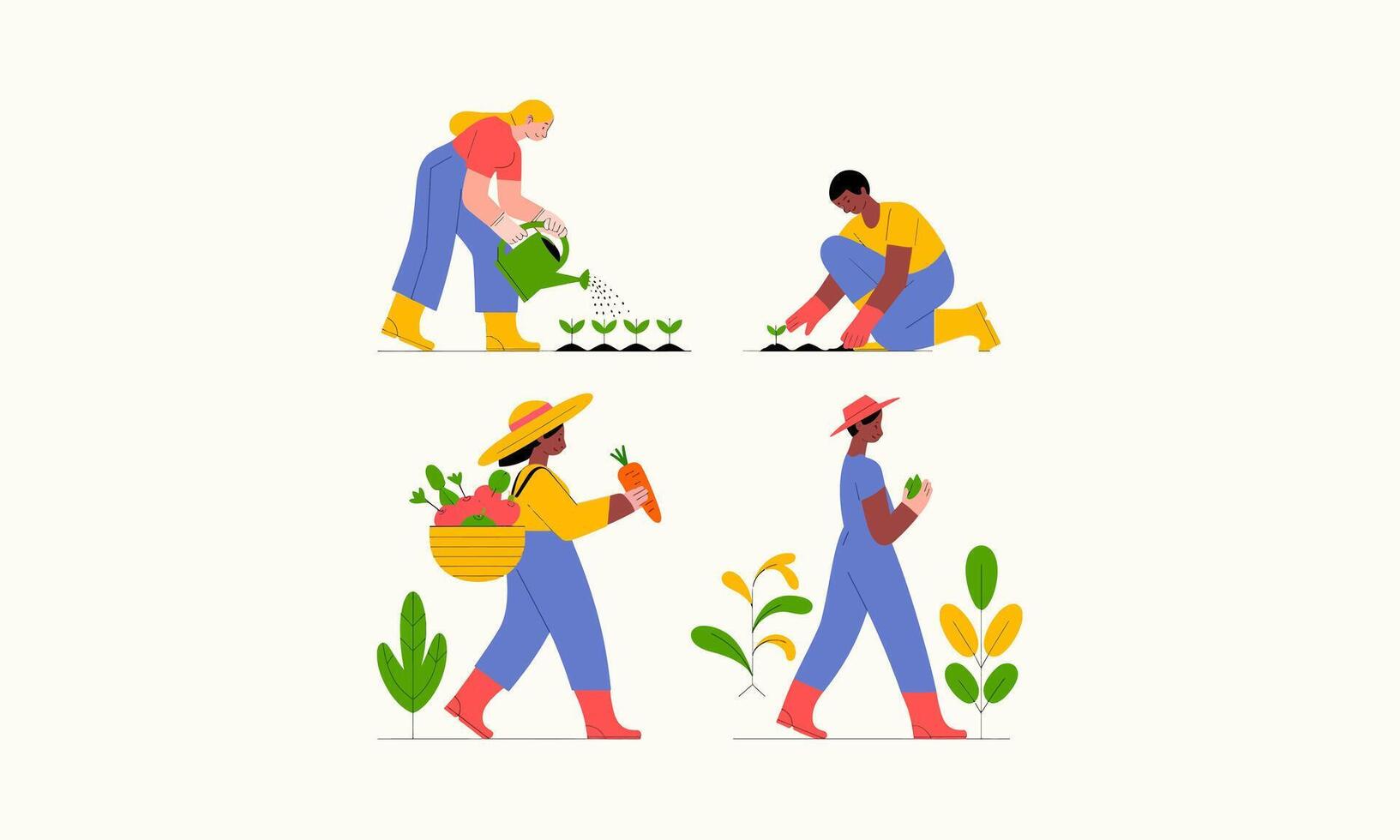 People gardening, planting, watering, and harvesting vegetables on a farm. vector