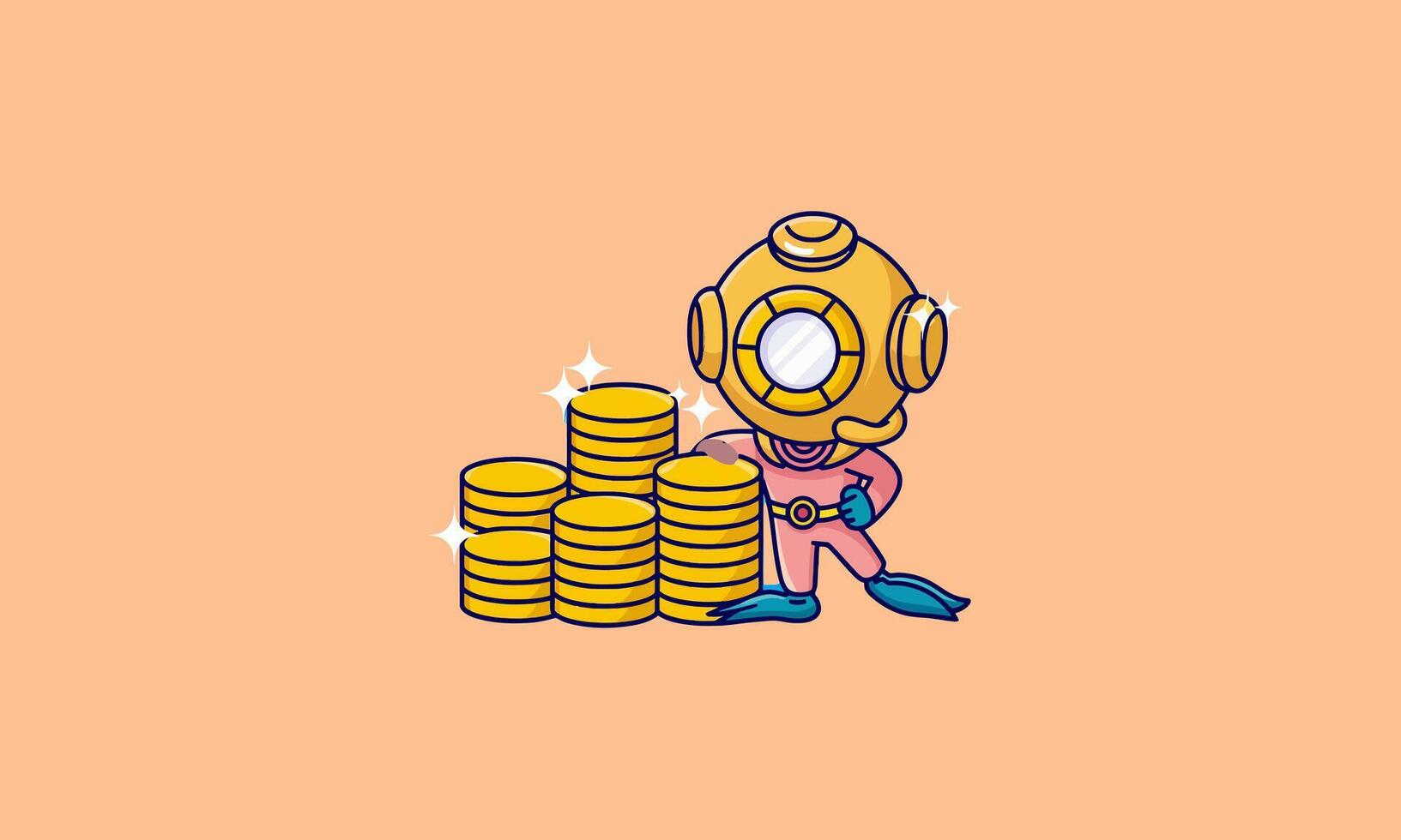 A diver poses with a large stack of golden coins. vector