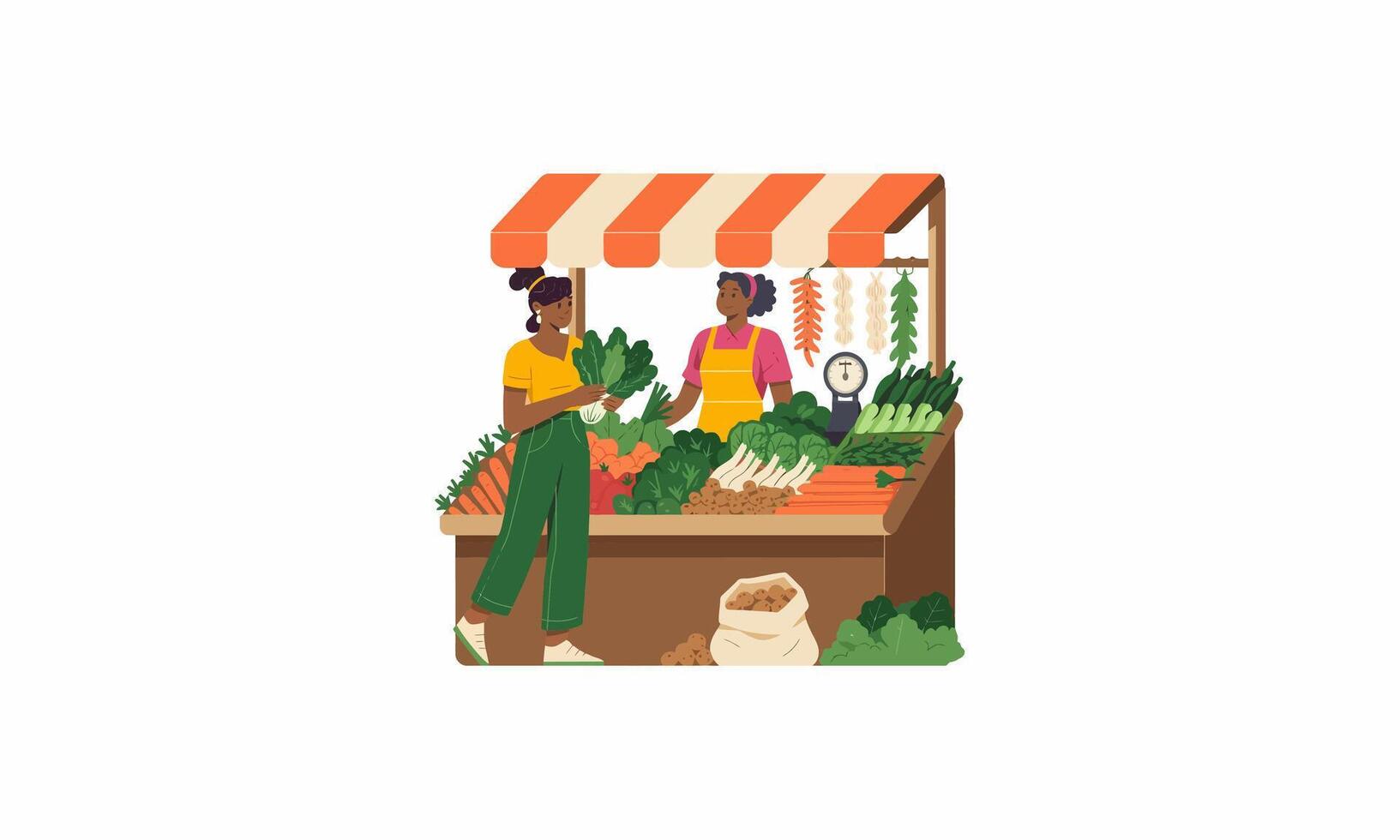 Vendor and customer interacting at a vegetable stall with produce. vector