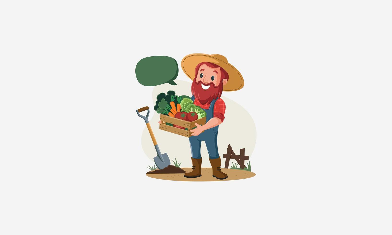 Happy farmer holding vegetable basket, standing with shovel in garden. vector