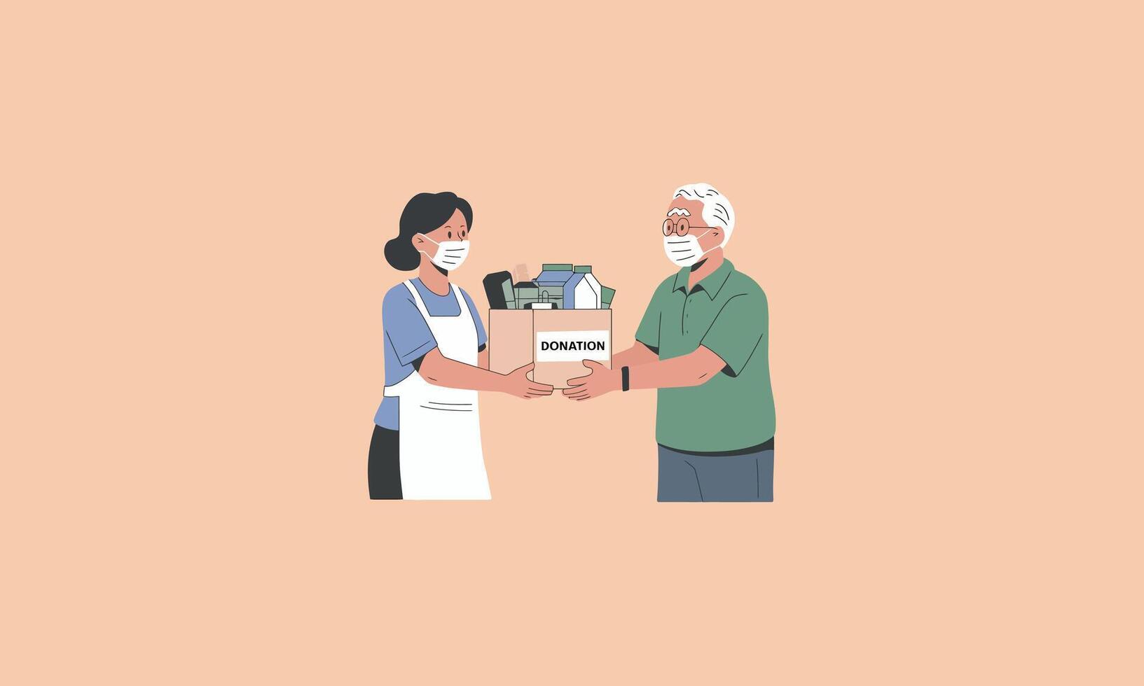 A volunteer handing a donation box to a masked elderly man. vector