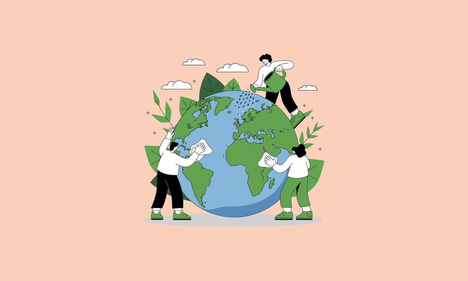 People cleaning and nurturing the Earth for environmental sustainability and care. vector
