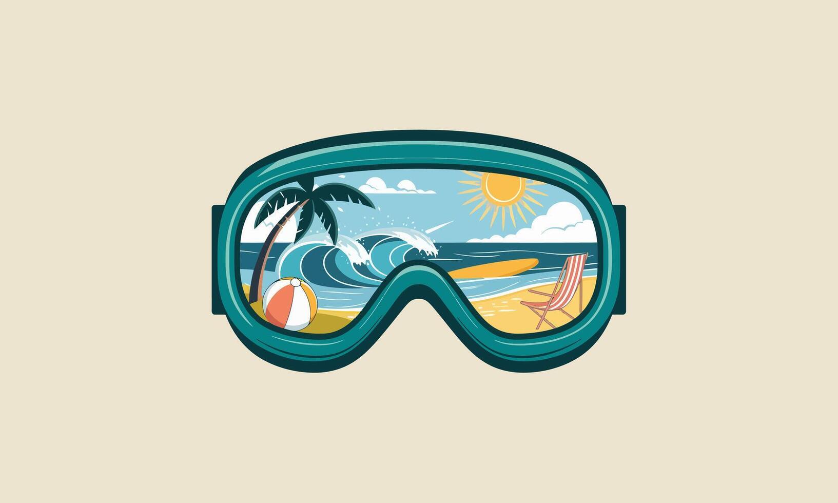 Goggles reflecting a sunny beach with palm trees and waves. vector