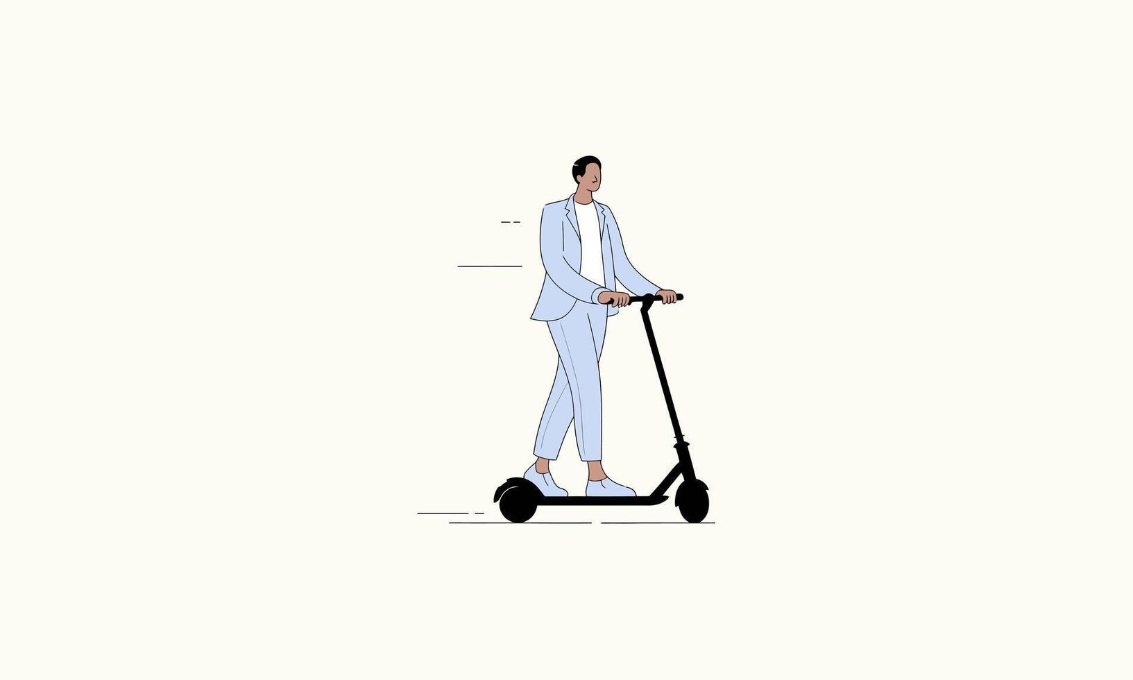 A man in a suit riding an electric scooter, smiling confidently. vector