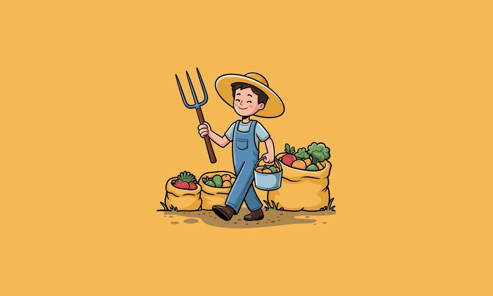 happy farmer walking with a pitchfork and produce vector
