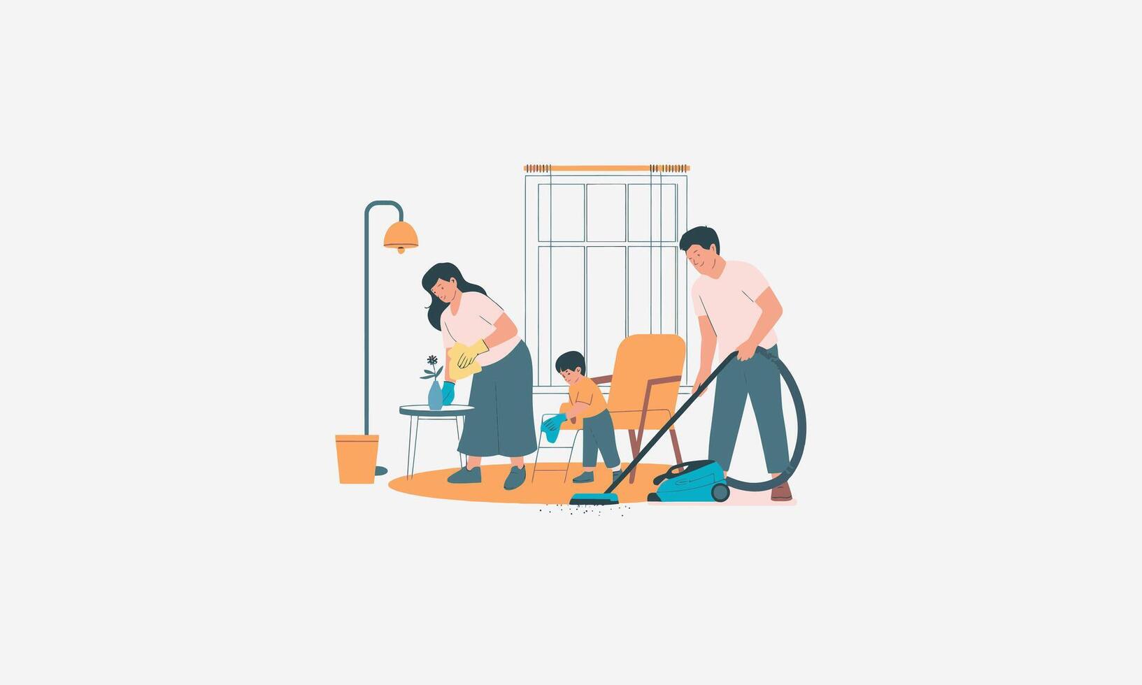 A family cleaning their living room together, using vacuum and dusting. vector