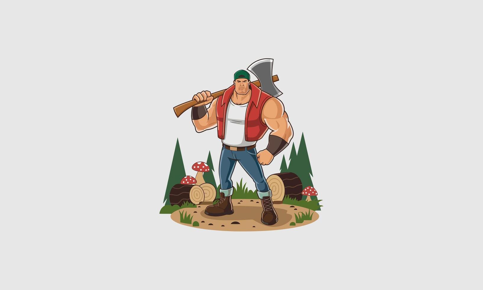shows a muscular lumberjack standing with an axe outdoors vector