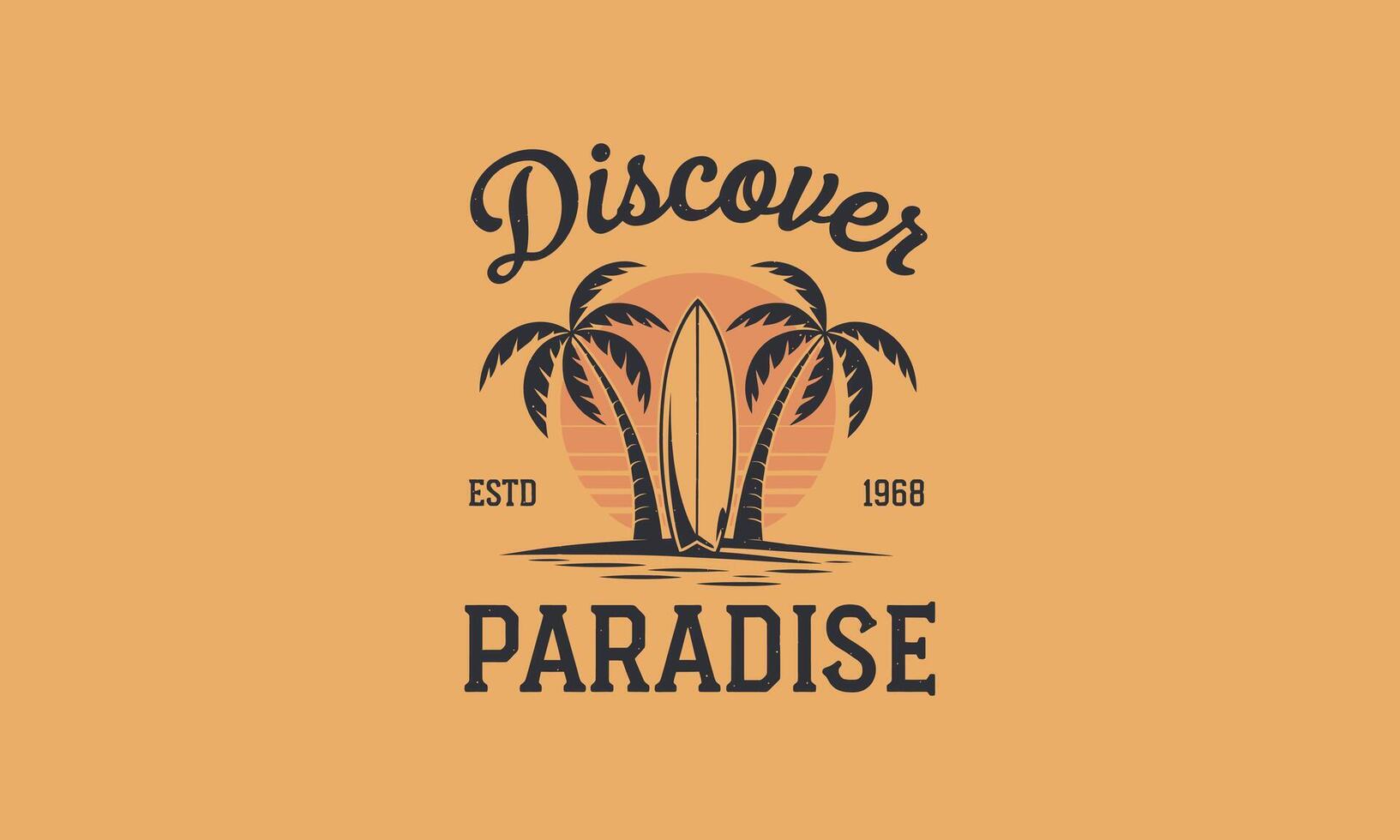 Tropical logo featuring palm trees, surfboard, sunset, and vintage text. vector