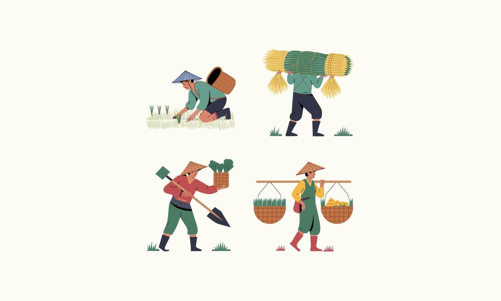 Farmers harvesting, carrying crops, planting rice, and working in fields. vector