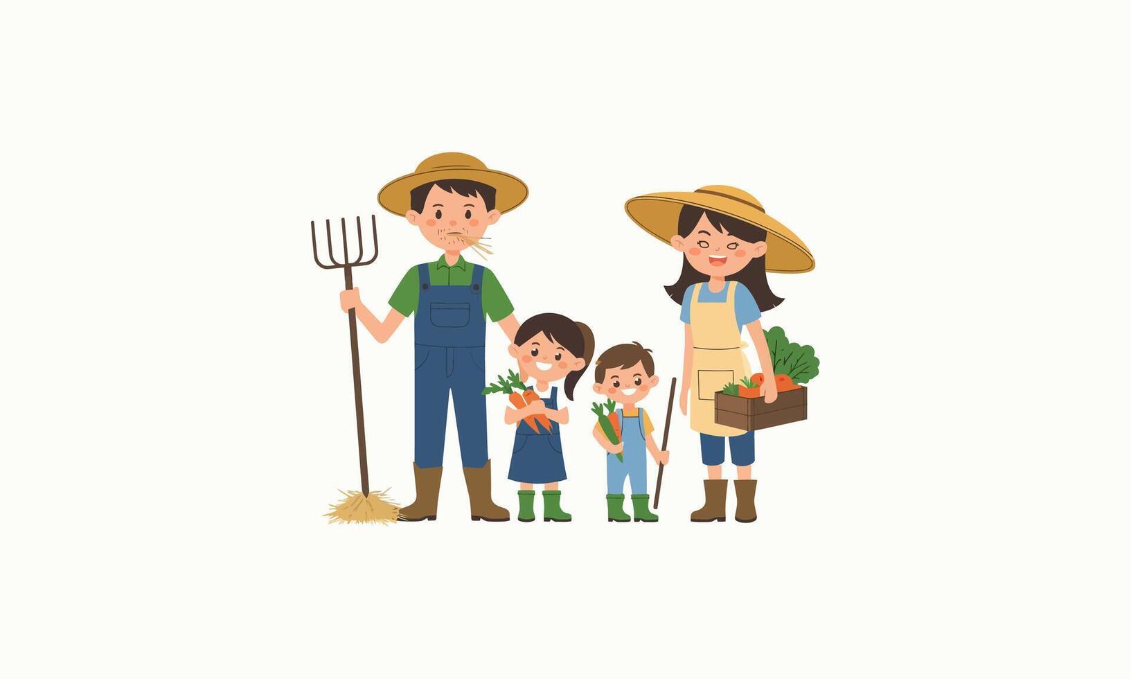A farming family holding vegetables, tools, and smiling happily together. vector